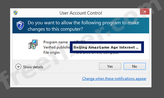 Screenshot where Beijing AmazGame Age Internet Technology Co., Ltd. appears as the verified publisher in the UAC dialog